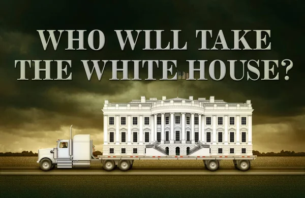 The White House on a flat bed truck with the words, Who will take the White House? written in the sky. 3D Illustration