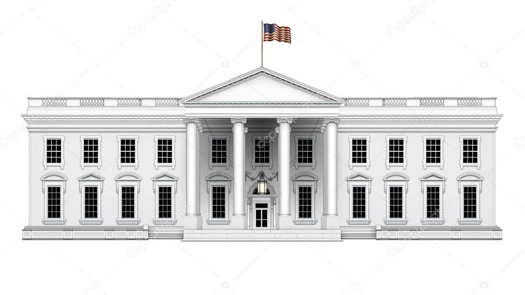 Simple north view of the White House, with U.S. flag waving overhead, including front porch with hanging lamp; isolated. 3D Illustration