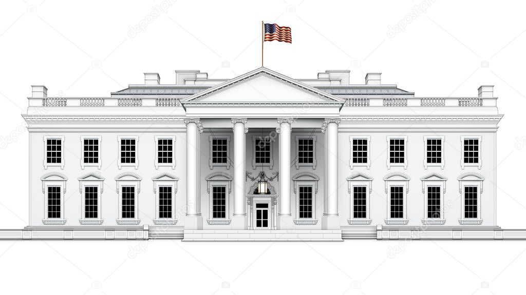 North view of the White House, with U.S. flag waving overhead, including front porch with hanging lamp; isolated. 3D Illustration