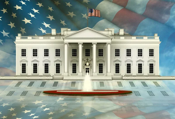 噴水とホワイトハウスの南側のビュー 米国の旗は空を埋め 正面の地面に反映されます 3Dイラスト — ストック写真