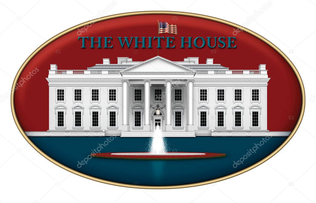 Digital illustration of the north view of the White House, the rose garden, and fountain. Set in a red and blue iconic design. 3D Illustration