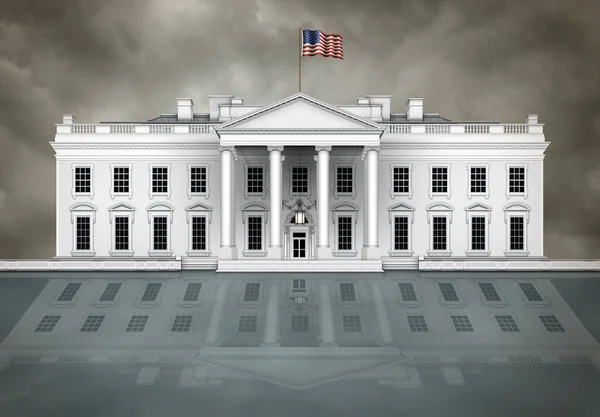 Nordansicht Des Weißen Hauses Mit Wehender Fahne Und Bewölktem Himmel — Stockfoto