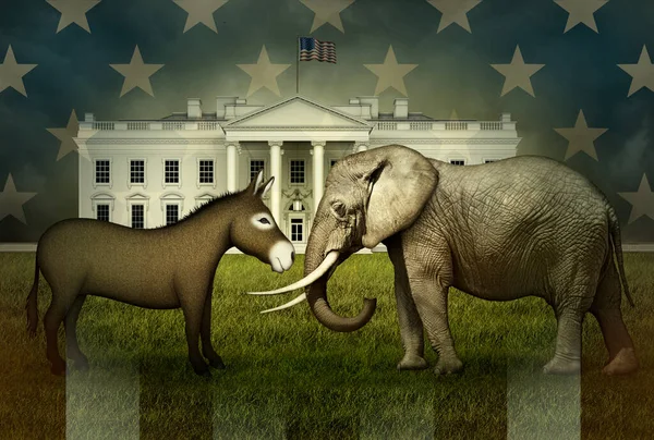 U.S. Stars and Stripes overlay a Democrat Donkey and Republican Elephant facing each other, ready for battle, on the North Lawn of the White House. 3D Illustration