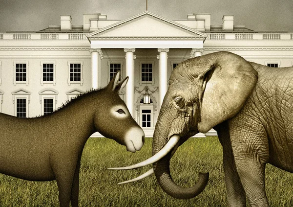 民主驴子与共和大象面对面的数字图像 — 图库照片