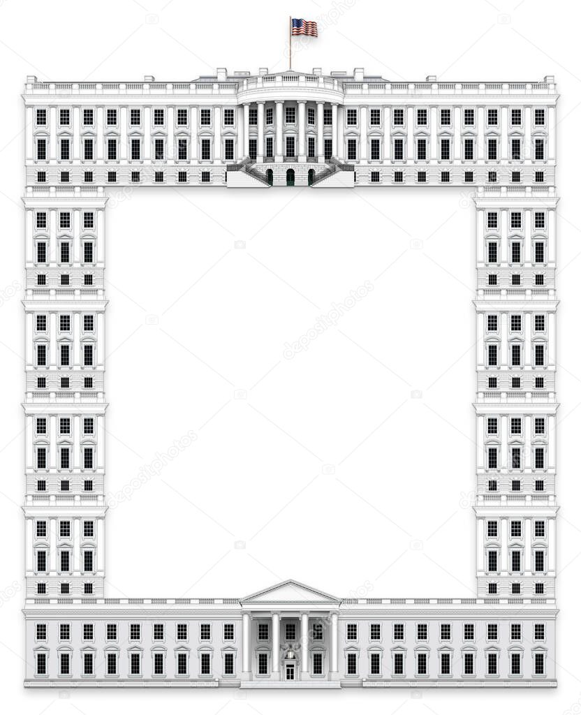 Presidential Executive Border made  with the White House - South View as the top,  North view as the bottom; and with windows and columns from the White House creating both vertical sides of the frame.  3D Illustration