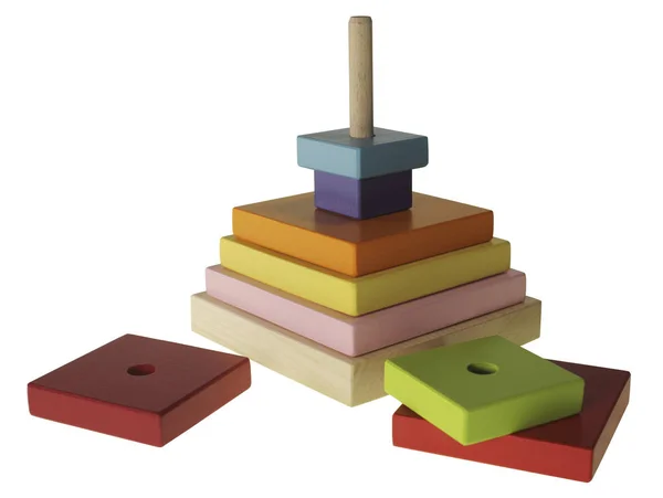 Wooden Colored Children Toy Incorrectly Folded White Background Pyramid — Stock Photo, Image