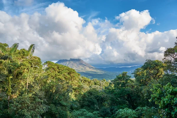 Uma Mistura Entre Floresta Tropical Primeiro Plano Vulcão Arenal Fundo — Fotografia de Stock
