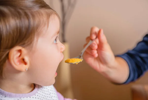 Bebê comer purê de uma colher na mão da mãe — Fotografia de Stock