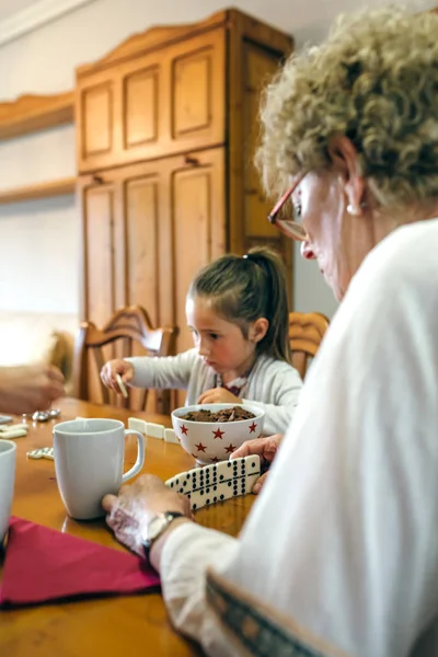 外婆和孙女在玩多米诺骨牌 — 图库照片
