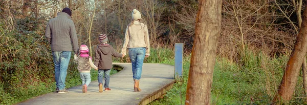 Familia caminando juntos tomados de la mano en el bosque — Foto de Stock