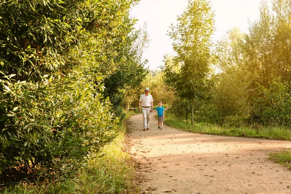 Grandfather and grandchild walking outdoors — Stock Photo, Image