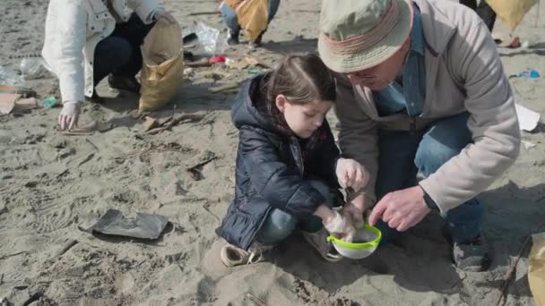 Frivilliga som städar stranden — Stockvideo