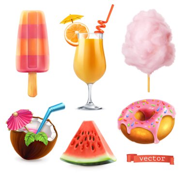 Yaz, yiyecek. Buz krem, portakal suyu, pamuk şeker, kokteyl, karpuz, çörek. 3D gerçekçi vektör Icon set