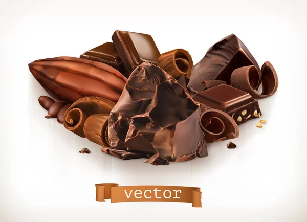 Chocoladerepen Stukken Krullen Cacaovruchten Vectorillustratie — Stockvector