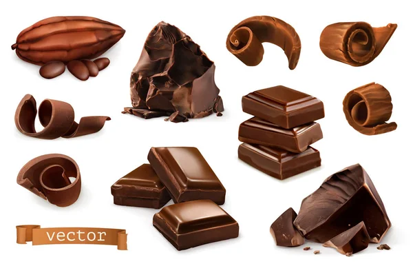 Schokolade Stücke Späne Kakaofrüchte Realistische Vektorsymbole Gesetzt — Stockvektor