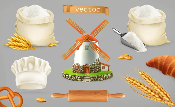 Harina Molino Trigo Pan Sombrero Chef Vector Icono Conjunto — Vector de stock