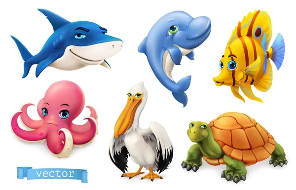 Animales Marinos Peces Divertidos Vector Icono Conjunto — Vector de stock