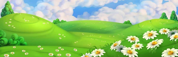 Spring Background Green Meadow Daisies Vector Illustration — Stock Vector