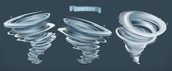 Tornado. Hurricane on a dark background. 3d vector icon set