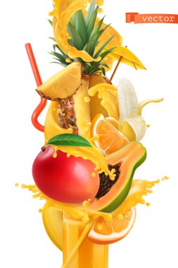 Meyve suyu ve tatlı tropikal meyveler. Mango, muz, ananas, papaya, portakal. 3d gerçekçi vektör