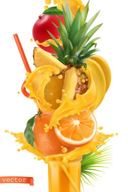Meyve suyu ve tatlı tropikal meyveler. Mango, muz, ananas, papaya, portakal. 3d gerçekçi vektör