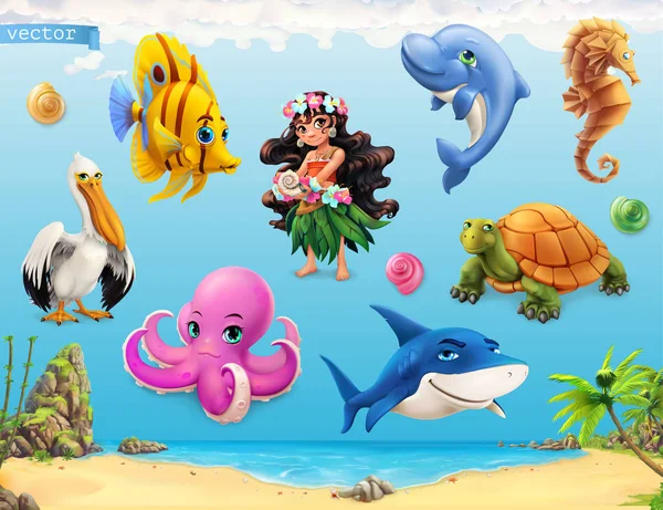 Niña Con Concha Animales Marinos Peces Divertidos Vector Icono Conjunto — Archivo Imágenes Vectoriales