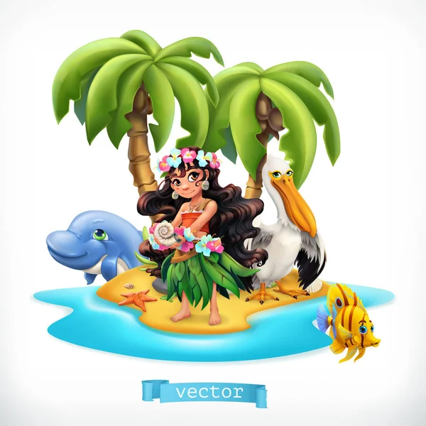 Kleines Mädchen Und Lustige Tiere Tropische Insel Vektor Symbol — Stockvektor