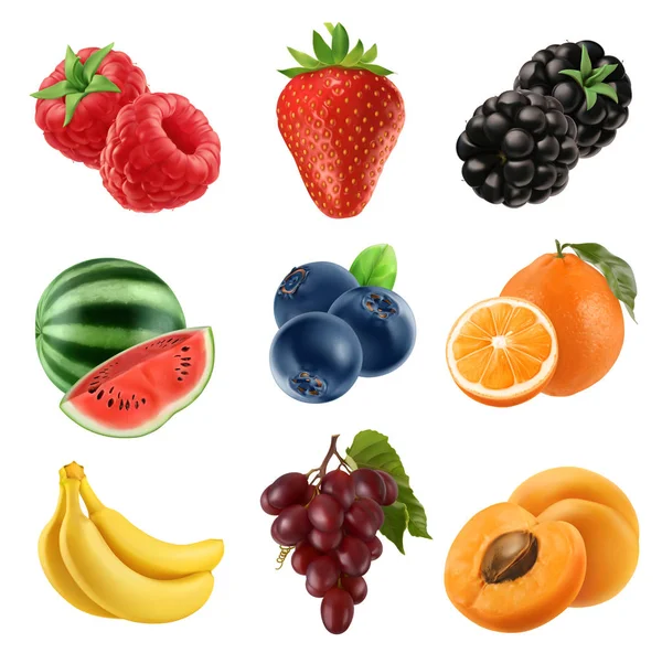 Des Fruits Frais Ensemble Icônes Vectorielles Illustration Réaliste — Image vectorielle
