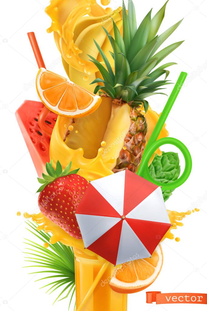Splash of juice and sweet tropical fruits. Summer cocktail 3d vector