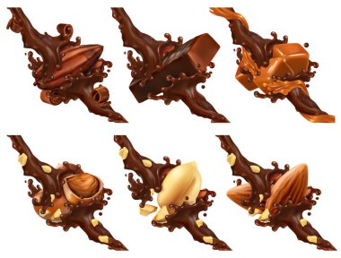 Çikolata, fıstık, karamel, kakao çekirdeği çikolata sıçrama içinde. 3D gerçekçi vektör