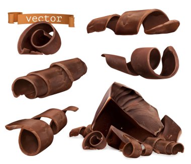Çikolata talaşı ve parçaları, 3B vektör set
