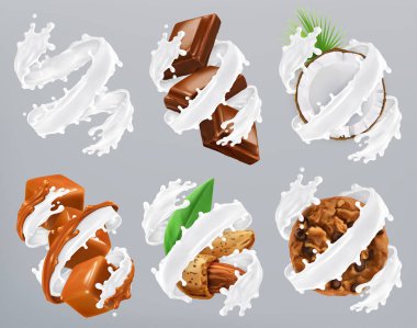 Çikolata, karamel, Hindistan cevizi, badem, süt sıçrama bisküvi. Yoğurt 3d gerçekçi vektör