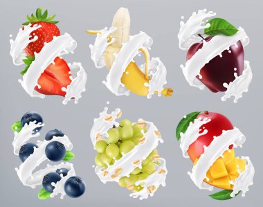 Meyve ve çilek de sıçrama, yoğurt süt. Çilek, muz, elma, yaban mersini, üzüm, mango. 3D gerçekçi vektör