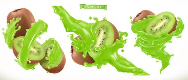 Kiwi juice. Fresh fruit 3d realistic vector icon clipart