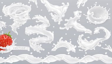 Süt sıçraması. 3d gerçekçi vektör simgesi seti