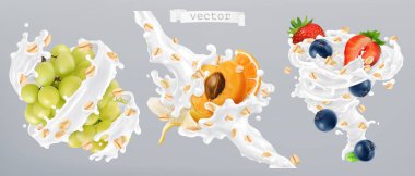 Haddelenmiş yulaf, meyve ve süt sıçraması. 3D gerçekçi vektör simgesi