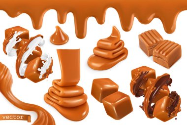 Sweet caramel, set realistic 3d vector illustration clipart