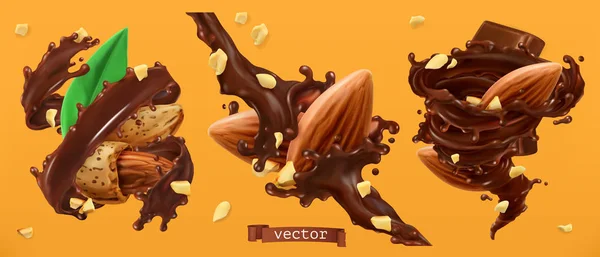 Mandelnüsse Und Schokoladenspritzer Realistischer Vektor — Stockvektor