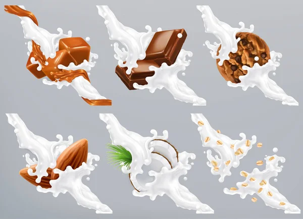 Čokoláda Karamel Kokos Mandle Sušenku Oves Mléce Splash Jogurt Realistická — Stockový vektor
