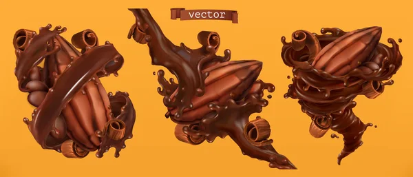 Frijol Cacao Virutas Chocolate Con Salpicaduras Vector Realista — Archivo Imágenes Vectoriales