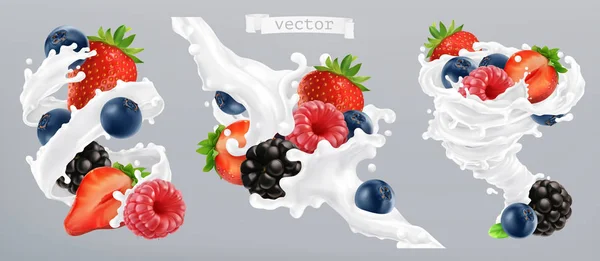 Baya Del Bosque Salpicaduras Leche Fruta Yogur Icono Vector Realista — Archivo Imágenes Vectoriales