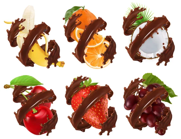 Fruits Baies Éclaboussures Chocolat Banane Orange Noix Coco Cerise Fraise — Image vectorielle