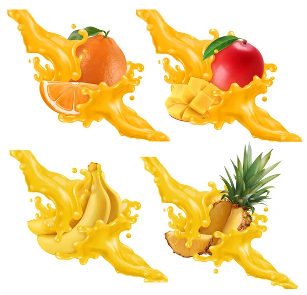 Frutas Bayas Chorrito Jugo Plátano Naranja Mango Piña — Vector de stock