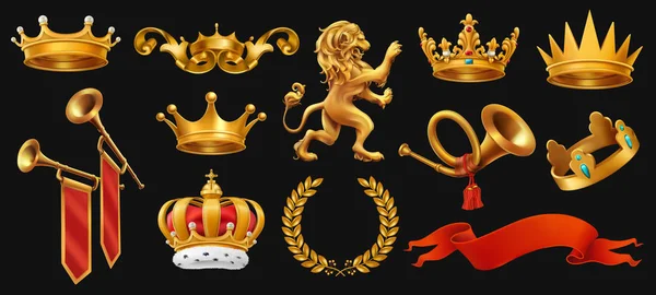 Corona Oro Del Rey Corona Laurel Trompeta León Cinta Icono — Archivo Imágenes Vectoriales