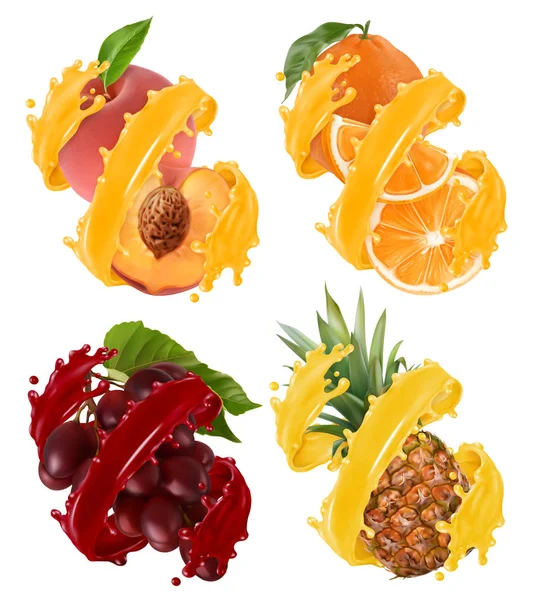 Vruchten Bessen Splash Van Sap Sinaasappel Ananas Druiven Perzik Realistische — Stockvector