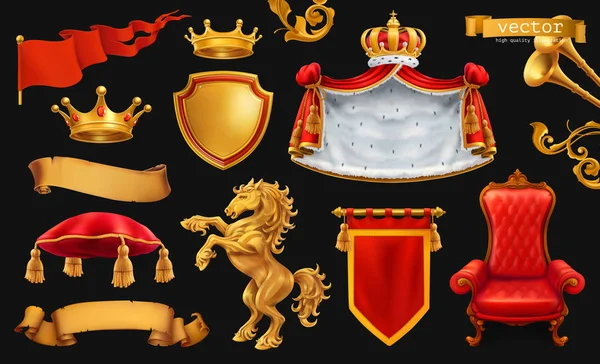 Gouden Kroon Van Koning Koninklijke Stoel Mantel Kussen Vector Pictogrammenset — Stockvector