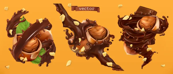 Hazelnoten Chocolade Spatten Realistische Vector — Stockvector