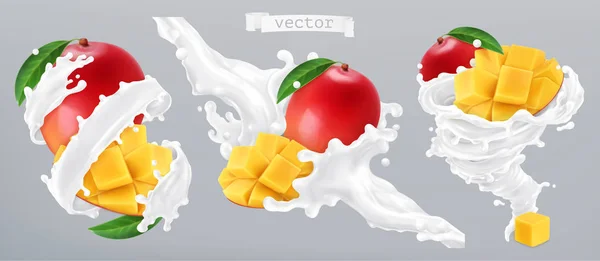 Mango Och Mjölk Stänk Yoghurt Realistisk Vektor Symbol — Stock vektor