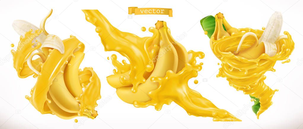 Banana juice. Fresh fruit 3d realistic vector icon