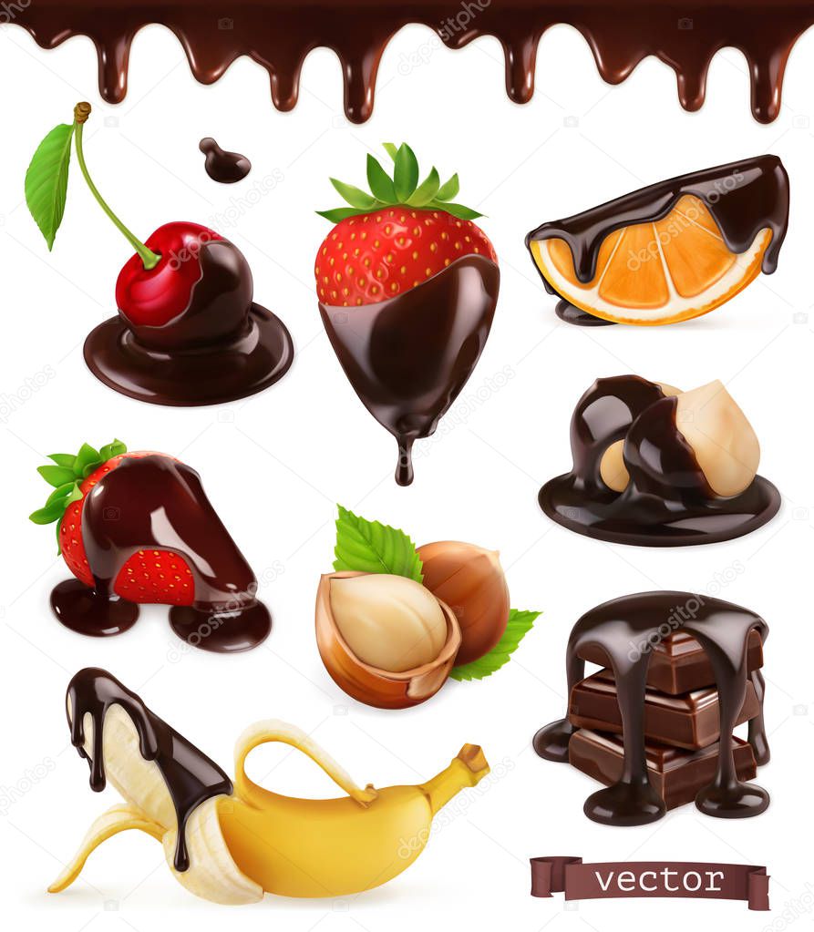 Fruits and berries in chocolate. Cherry, strawberries, banana, orange and hazelnuts. 3d realistic vector set
